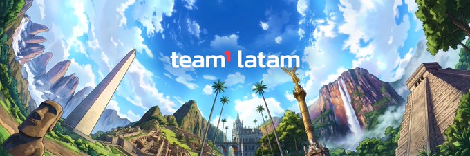 A digital illustration showcases a stylized, fantastical landscape featuring a Brazilian obelisk, Machu Picchu, palm trees, and waterfalls under a blue sky, with the text 'team latam' in the center.