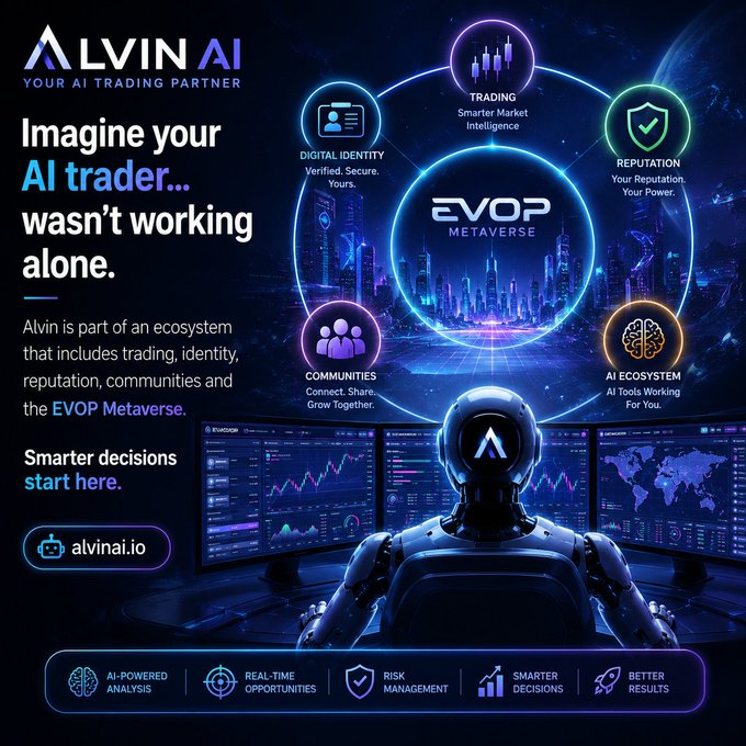 Advertisement for 'ALVIN AI' trading platform featuring a robot surrounded by holographic icons for Trading, Reputation, Communities, and AI Ecosystem, centered around 'EVOP METAVERSE' branding.