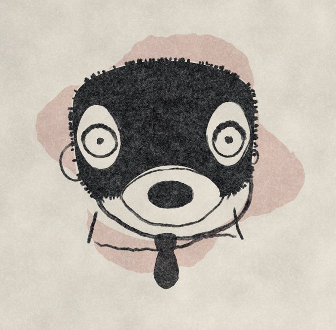 A simple black-and-white line drawing of a surprised face with wide eyes and a tie, set against a pink watercolor splash background.
