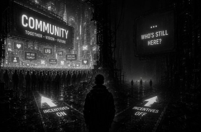 A solitary figure stands at a crossroads in a dark, dystopian cityscape, facing arrows pointing left toward a crowd under a 'COMMUNITY TOGETHER • VISION • FUTURE' billboard, and right toward a desolate path under a sign reading '... WHO'S STILL HERE?'
