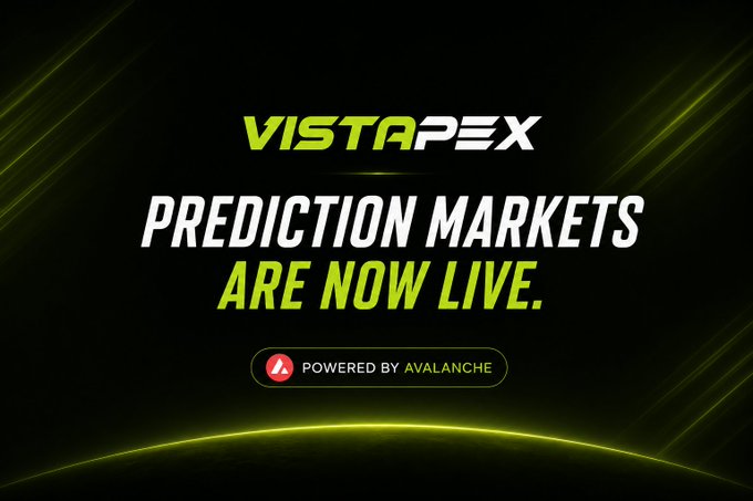 A promotional banner on a black and green background displaying the 'VISTAPEX' logo with text 'PREDICTION MARKETS ARE NOW LIVE.' and a button reading 'POWERED BY AVALANCHE'.