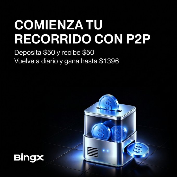 A Bingx advertisement in Spanish reading 'COMIENZA TU RECORRIDO CON P2P - Deposita $50 y recibe $50 - Vuelve a diario y gana hasta $1396', featuring a 3D slot machine dispensing blue dollar coins.