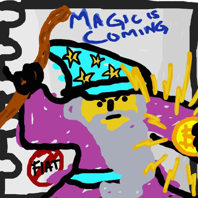 A colorful, cartoonish digital illustration featuring a wizard-like figure with a star-patterned hat, with the text 'MAGIC IS COMING' at the top and a crossed-out 'FIAT' symbol in the lower left.
