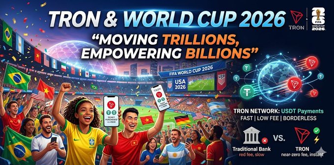 In the image, there are many people gathered for an exciting event - the World Cup 2026. They are cheering and celebrating together as they watch the world cup matches unfold. The image also features a logo that reads "TRON & WORLD CUP 2026", which seems to be related to blockchain technology or payments in some way. Furthermore, there is text that reads "moving trilions empowering billons" on the image, which could potentially refer to how blockchain technology can change the world by empowering smaller economies and industries with fast and low-fee services.