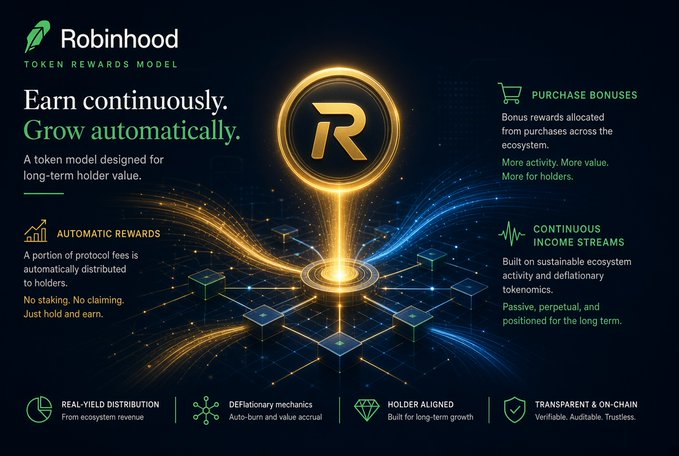 Robinhood token rewards model promotional graphic featuring the 'R' coin, highlighting automatic rewards, purchase bonuses, and continuous income streams.