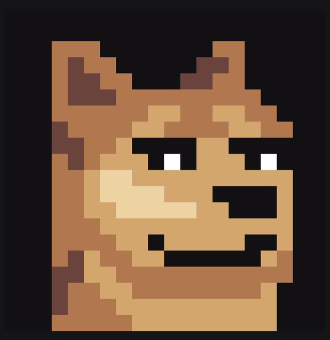 A pixel art portrait of a brown and tan dog with white eyes and a slight smile against a black background.