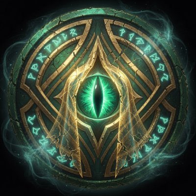 A mystical circular emblem featuring a glowing green dragon eye at the center, surrounded by gold Celtic-style knotwork and glowing green runes, with ethereal smoke swirling around it.