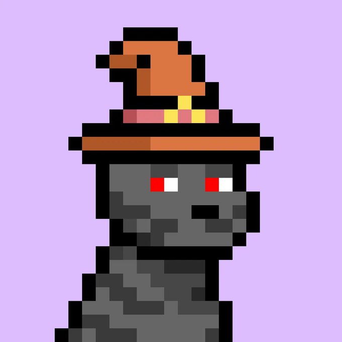 A pixel art character with a dark gray body, red eyes, wearing an orange and red striped hat, set against a solid lavender background.