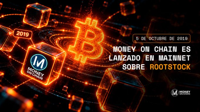 A promotional graphic with orange Bitcoin imagery announcing '5 DE OCTUBRE DE 2019: MONEY ON CHAIN ES LANZADO EN MAINNET SOBRE ROOTSTOCK' featuring the Money On Chain logo.