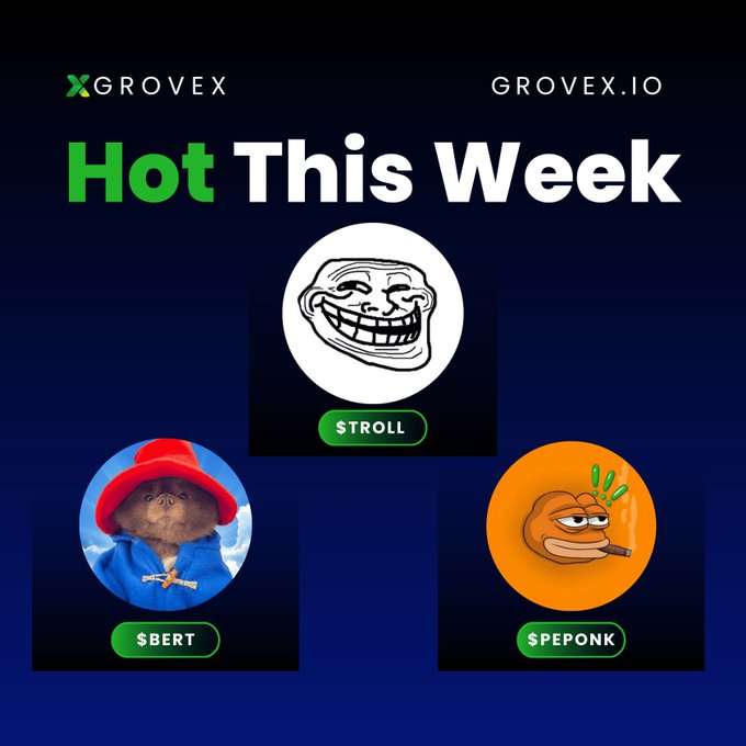 A promotional graphic for Grovex.io titled 'Hot This Week' featuring three cryptocurrency tokens: $TROLL (trollface), $BERT (a Paddington-like bear in a red hat), and $PEPONK (a cartoon with a cigar).