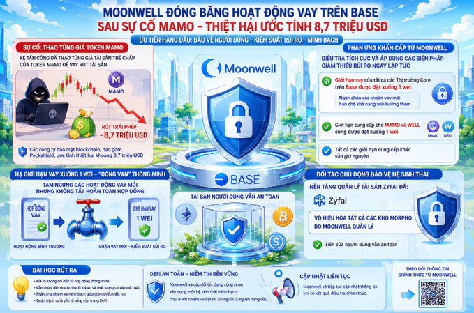 An infographic in Vietnamese about 'MOONWELL' cryptocurrency lending on Base after the MAMO token hack causing $8.7 million in damage, detailing security responses and ecosystem partner commitments.