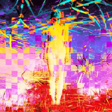 Distorted glitch art featuring a central yellow figure with pixelation and vibrant pink, blue, and red light rays.