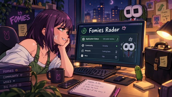 An anime-style illustration of a purple-haired girl sitting at a desk in front of a computer monitor displaying a 'Fomies Radar' dashboard, surrounded by stickers, a notebook titled 'Fomies To Do', and other desk items in a cozy night-time setting.