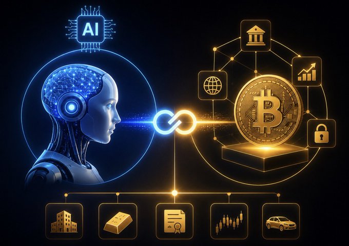 A glowing AI figure connects via a link to a Bitcoin coin surrounded by icons representing banking, security, global networks, and various assets, illustrating the fusion of artificial intelligence and cryptocurrency for autonomous digital economies where AI agents can independently earn, spend, and transact.