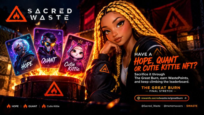 Promotional artwork for 'Sacred Waste' featuring a woman with long blonde braids and three NFT cards labeled 'HOPE', 'QUANT', and 'Cutie Kittie', with text promoting 'The Great Burn' and the final stretch.