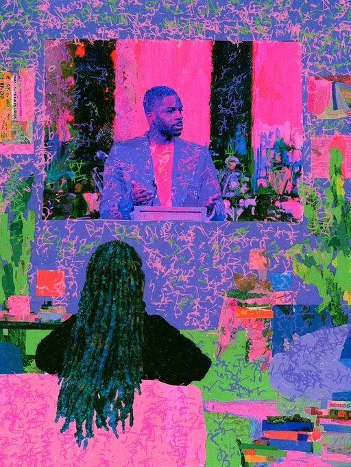 A vibrant, stylized digital artwork with neon pink, purple, and green hues depicting a person with dreadlocks viewed from behind, facing a screen showing a man in a suit speaking at a podium.