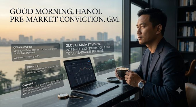 A promotional graphic reads "GOOD MORNING, HANOI. PRE-MARKET CONVICTION. GM." featuring a man in a suit holding coffee by a window, alongside social media handles like @NucleusCodes and @termix_ai.