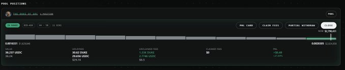 A close-up view of the PONS trading platform's 'POOL POSITIONS' section shows an open position for $PON with a current value of 30,237 USDC.