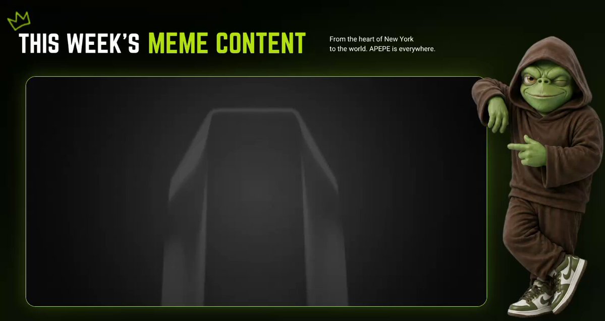 The image features a cartoon frog wearing a hoodie standing next to a green screen with white text that reads "This Week's meme content" and "This week's featured community content by @wyn_studio created by people, shared by community, grown through culture". The frog is positioned on the right side of the screen.