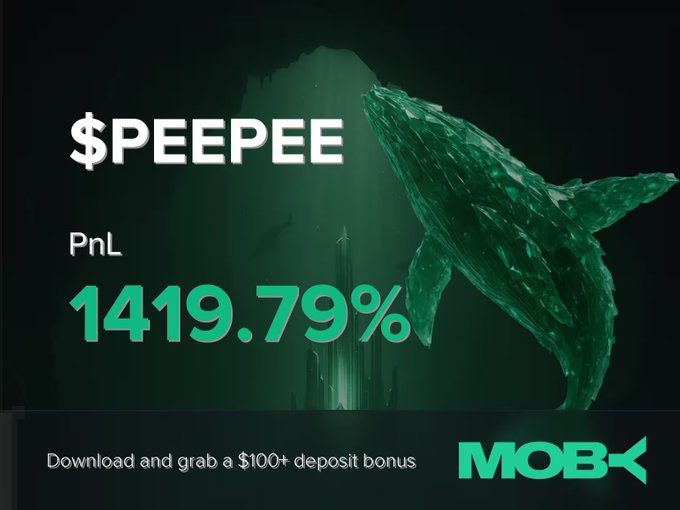 A promotional graphic for Moby Mobile showcases a whale-shaped crystal and "$PEEPEE" with a PnL of 1419.79%, advertising a $100+ deposit bonus in celebration of a trader closing a highly profitable position.