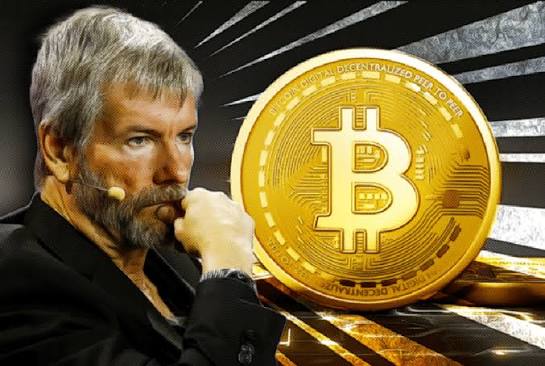 A man with a beard in a thoughtful pose is shown next to a large golden Bitcoin coin with the inscription 'DIGITAL DECENTRALIZED PEER TO PEER'.