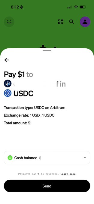 The image shows an iPhone screen displaying a payment form for USDC transactions. The text on the screen indicates that the user can send cash directly from their account, which means they don't need to use a bank or credit card for the transaction. This feature is particularly useful when sending money between friends or family members who may not have access to traditional banking services. The image also includes a caption about the USDC payment system and its benefits, providing more information on how this type of payment works.
