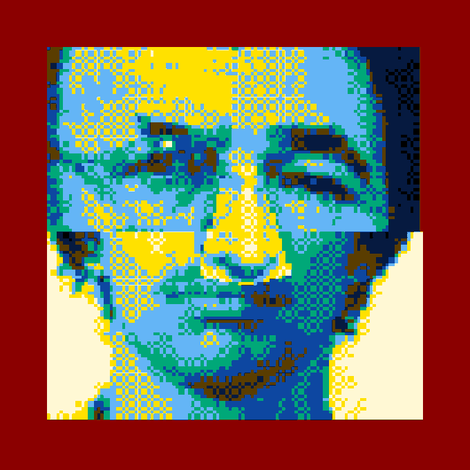 A pixelated, brightly colored pop-art style portrait of a man's face dominated by blue, yellow, and green tones on a red background.