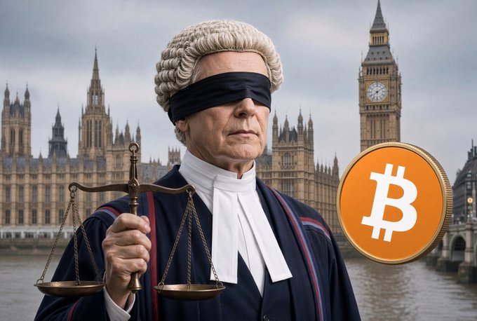 A blindfolded judge in a wig holds the scales of justice with Big Ben and Parliament in the background, alongside a Bitcoin symbol.