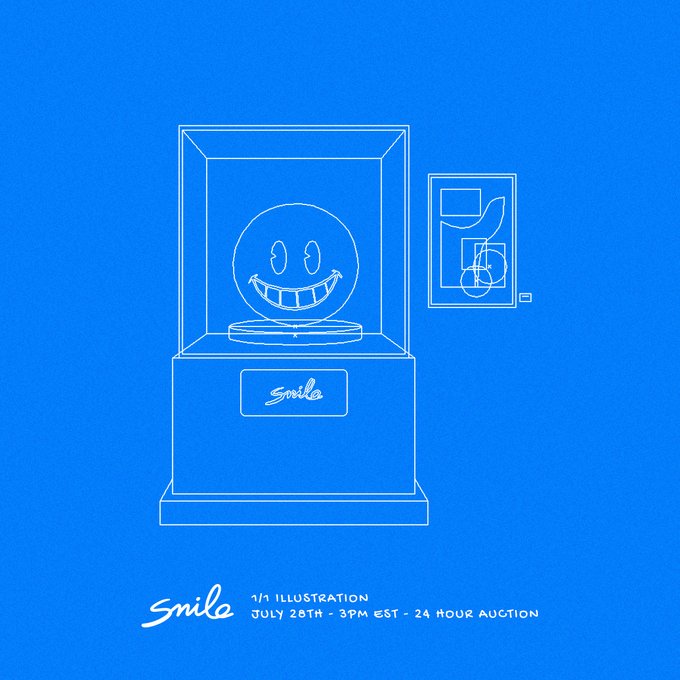 A blue promotional graphic for a 'Smile' NFT 1/1 illustration auction, featuring a line drawing of a smiling face in a display case and a framed abstract artwork.