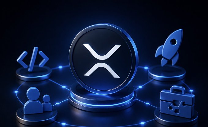 The image features a central XRP logo surrounded by icons representing the XRPL ecosystem—code brackets (developers), a rocket (startups), a team/people icon (community), and a toolkit (builders)—all interconnected with glowing blue lines to illustrate growth and collaboration. This visual reinforces the post's message about XRPL Commons expanding its Grants Program to support developers, startups, and established teams building on the XRP Ledger, symbolizing how the ecosystem grows through interconnected funding and innovation.
