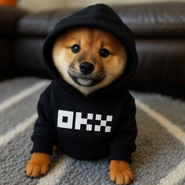 An adorable Shiba Inu puppy wearing a black hoodie with "OKX" printed on the front sits on a striped rug, perfectly matching the post's call to send $DOG to the @okx spot exchange. The cozy, on-brand visual reinforces the community's excitement and rallying cry to "make some noise" together.
