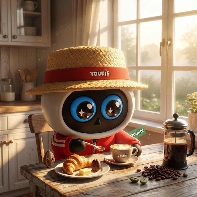 A cute, round robot character wearing a straw hat with a red band labeled "YOUKIE" sits at a kitchen table enjoying a cup of "YOURIE" coffee, a croissant, and butter.