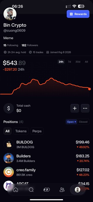 A screenshot of a crypto portfolio tracker showing a user "Bin Crypto" (@cuong0609) with a meme-tagged portfolio down $297.20 (24h) to $543.89, holding losing positions in BUILDOG (-49.92%), Builders (-20.74%), creo.family (-48.23%), and ABCAT. The image visually reinforces the post's despair about crypto losses, echoing the drop from "1k8 to 500" mentioned by the author with a similarly painful downward trajectory.