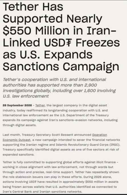 A news article titled 'Tether Has Supported Nearly $550 Million in Iran-Linked USDT Freezes' discusses Tether's cooperation with U.S. and international authorities on sanctions enforcement.