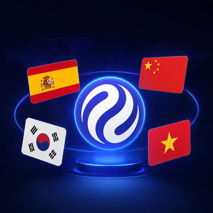 Digital illustration showing flags of Spain, China, South Korea, and Vietnam arranged around a glowing blue spherical logo over a world map background.