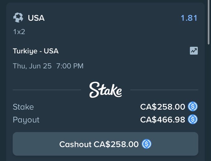A Stake betting slip shows a CA$258.00 wager on USA to win against Turkiye at 1.81 odds, with a potential payout of CA$466.98, tied to a $50 USDT giveaway promotion requiring entrants to reply with an ETH or USDT address.