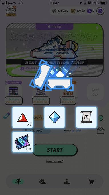 A mobile game screenshot of a 'STEPNATHON' fitness app showing a sneaker NFT, game assets, and a START button.