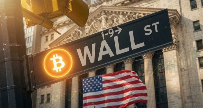A glowing Bitcoin symbol adorns a "Wall St" sign in front of a grand building with an American flag waving below, visually tying the recent $216.7M in net inflows to U.S. spot Bitcoin ETFs—especially BlackRock's dominant IBIT fund—to Wall Street's growing institutional embrace of crypto.
