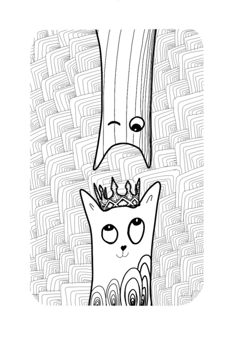 A black-and-white drawing depicts a crowned cat looking up at a floating, ghost-like creature against a backdrop of repeating rectangular patterns.