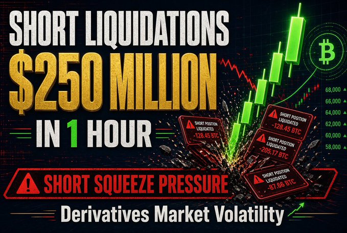 A graphic about crypto market volatility displaying the text 'SHORT LIQUIDATIONS $250 MILLION IN 1 HOUR' and 'SHORT SQUEEZE PRESSURE' alongside green Bitcoin candlestick charts.