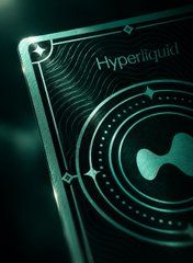 A sleek teal trading card titled "Hyperliquid" is displayed at an angle, showcasing an intricate circular emblem with a central wavy symbol. The post appears to introduce the Hypurr NFT card collection, and this image likely represents the premium packaging or one of the limited edition cards in the series.
