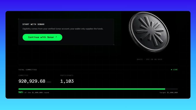 A website interface titled 'START WITH SONAR' shows a total committed amount of '920,929.68 USDC' and '1,103' participants, featuring a large metallic coin graphic.