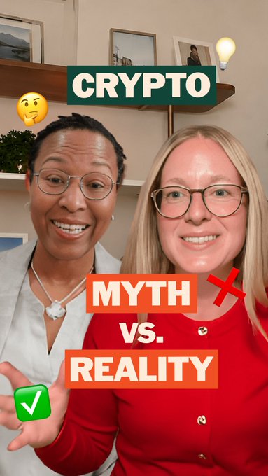 The image shows two smiling women wearing glasses posing together, with bold text overlays reading "CRYPTO," "MYTH vs. REALITY," accompanied by a green checkmark, a red X, and a thinking face emoji. The graphic visually represents the post's theme of using education to separate crypto myths from reality, likely featuring IPProfEvans and a host from the "Crypto, Explained" series.