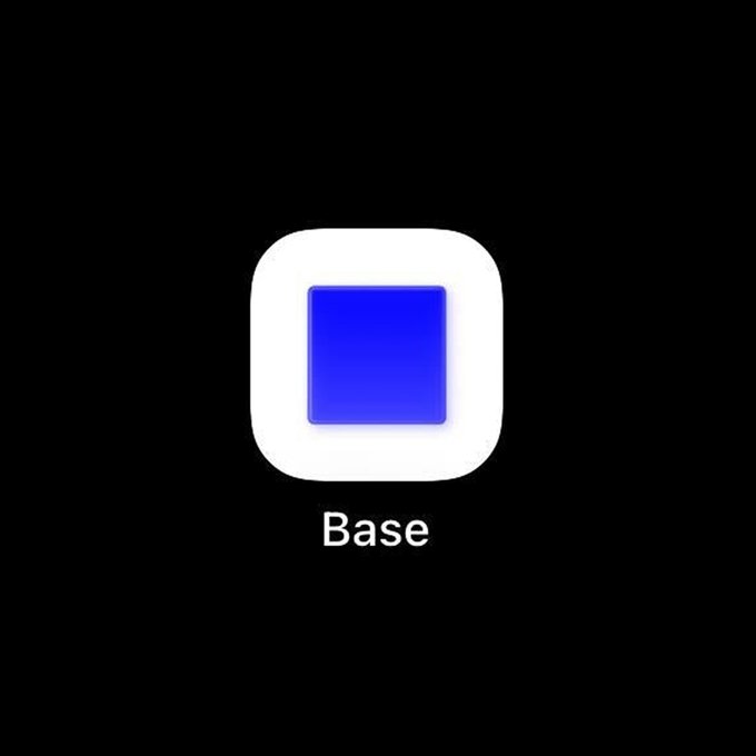 The image shows the Base app icon—a blue square inside a white rounded square on a black background, labeled "Base." It relates to the post by representing the Base network, the platform whose long-awaited airdrop the user is anxiously awaiting.