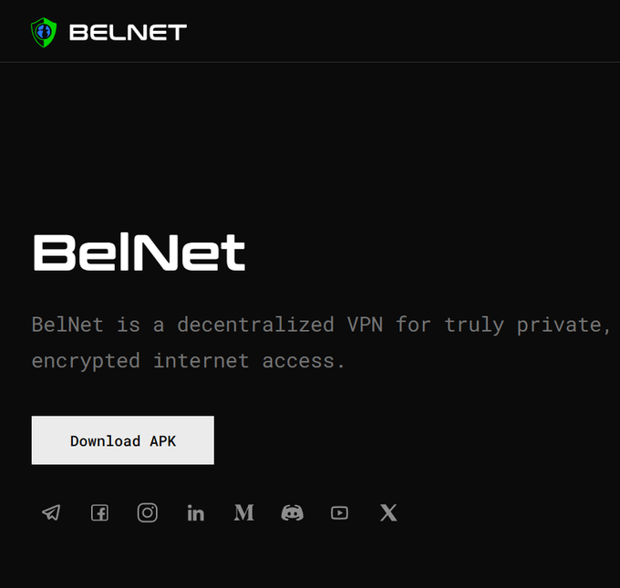 A dark-themed promotional webpage for BelNet displays the "BELNET" logo at the top, the tagline "BelNet is a decentralized VPN for truly private, encrypted internet access," and a prominent "Download APK" button, with social media icons along the bottom. The design reinforces the post's message about BeldexCoin's privacy-focused browsing solution that protects users without disrupting their normal internet habits.