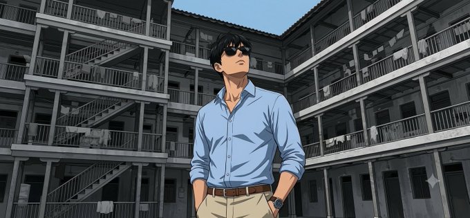 An anime-style illustration of a man in a blue shirt and sunglasses standing in a courtyard surrounded by a multi-story apartment building.