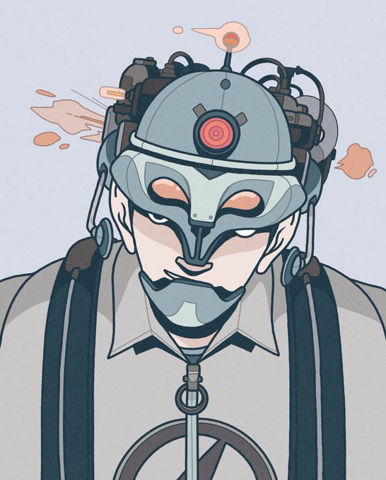 A digital illustration depicts a man wearing a complex mechanical helmet with a central red circular lens and various attachments, along with a gray face mask covering his lower face.