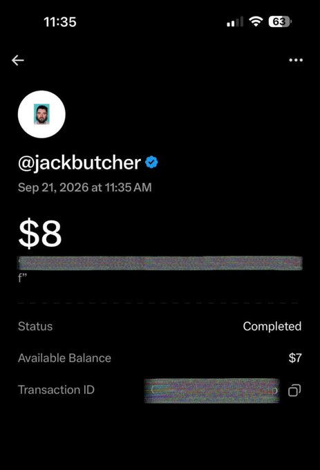 A mobile app screenshot showing a transaction of $8 sent to @jackbutcher (verified), with $7 available balance and a completed status.