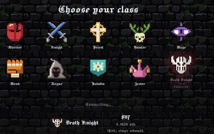 A "Choose your class" NFT minting interface displays 10 pixel-art character options (Warrior, Knight, Priest, Hunter, Mage, Monk, Rogue, Paladin, Jester, and an Enhanced Death Knight), with the Death Knight selected showing a $17 mint price (0.0624 eth) above a message stating "Connecting...". The image illustrates the tiered minting system mentioned in the post, where different classes have varying fees, though the claim of 44,444 supply cannot be verified from the visible screen.