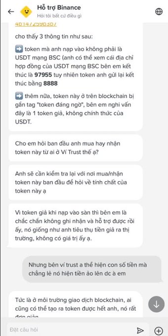 A screenshot of Binance customer support (Hỗ trợ Binance) chat in Vietnamese explaining that the user's deposited token was not genuine USDT (USDT BSC contract ending in 97955) but rather a fake token ("token đang ngờ") on the blockchain with contract ending in 8888, illustrating how counterfeit tokens can appear legitimate in a user's balance but fail verification upon exchange withdrawal.